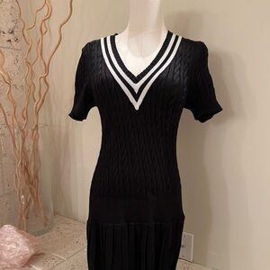 Ralph Lauren Black Pleated Cable-Knit Dress